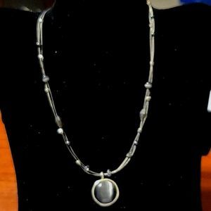 NY SIGNED SILVERTONE WIRE & BEAD PENDANT NECKLACE